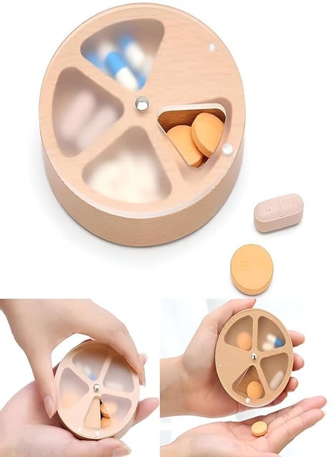 Glenoxzone Wooden Rotating Pill Organizer | 4-Compartment Weekly Pill Box with Smooth Sliding Lid - Compact & Stylish Travel Vitamin Holder | Portable Daily Medicine Dispenser for Purse, Pocket, Desk (Pattern-1) - Image 1